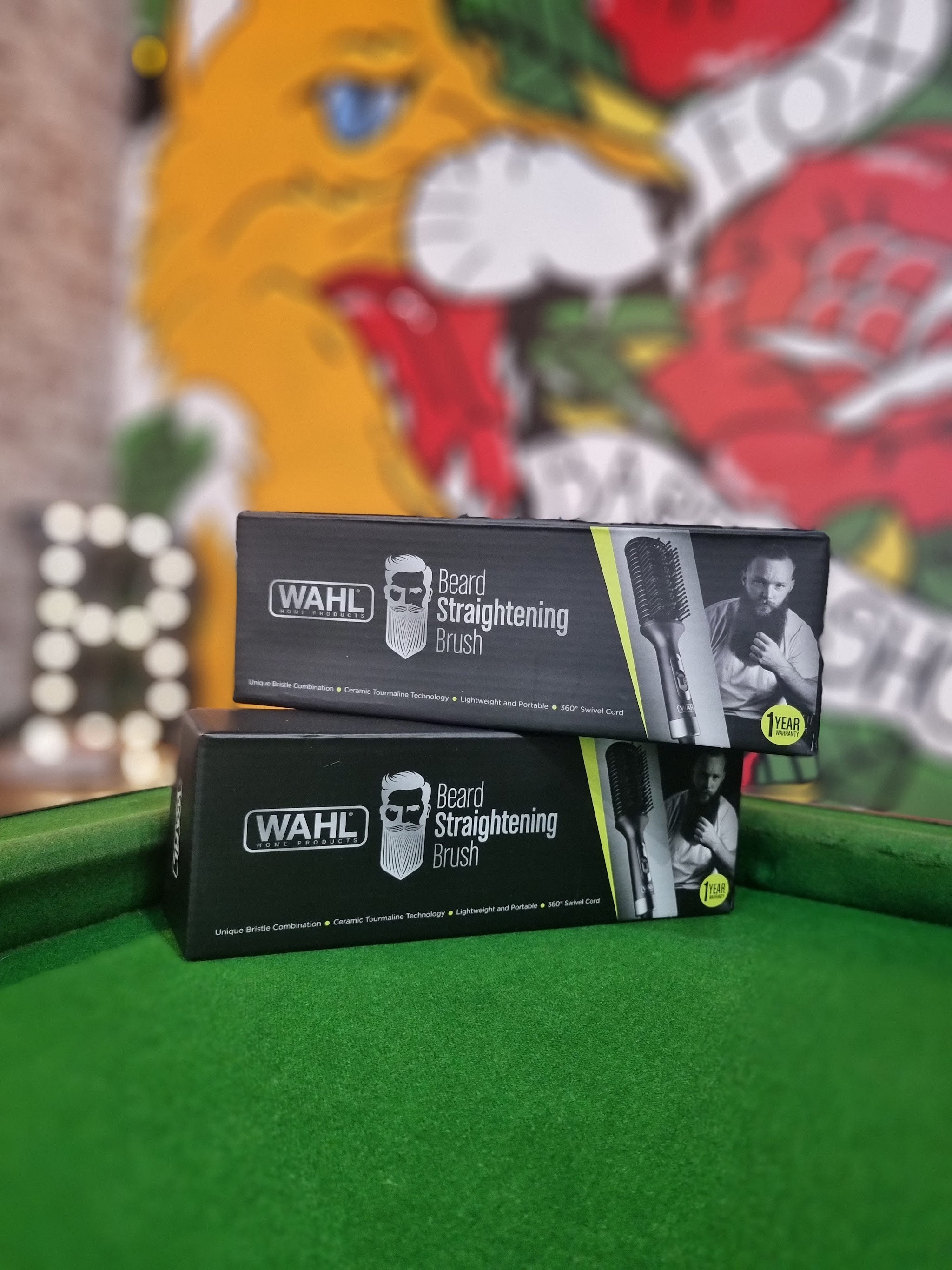 Wahl beard straightening brushes on the pool table at Brother Fox